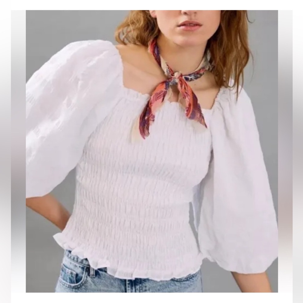 Anthropologie Maeve Bree Milkmaid Smocked Puff Sleeve Crop Blouse White Size S.